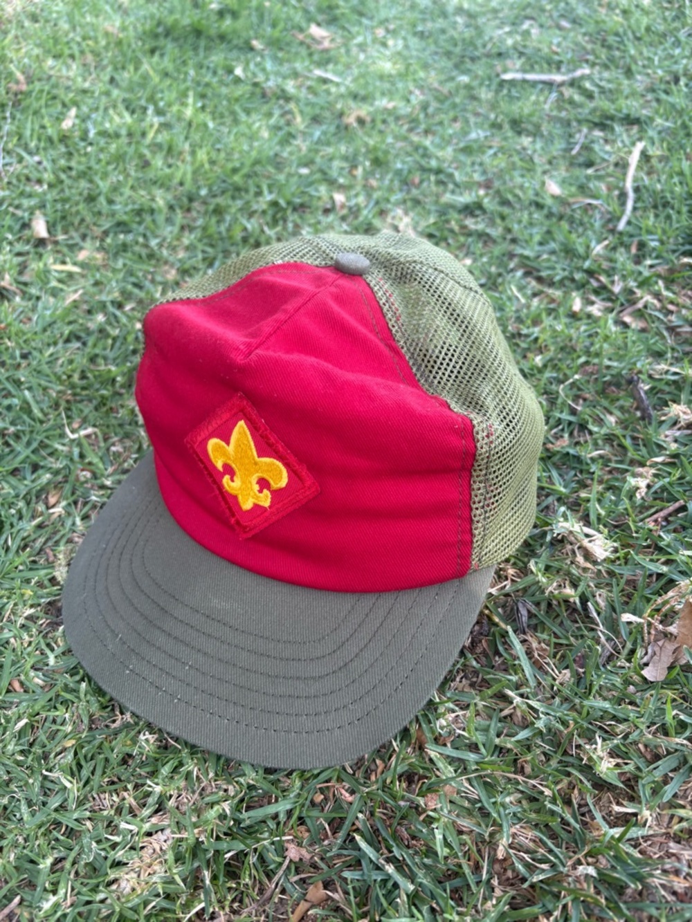 Red and Olive Two-Tone Mesh Trucker Cap with Fleur Emblem